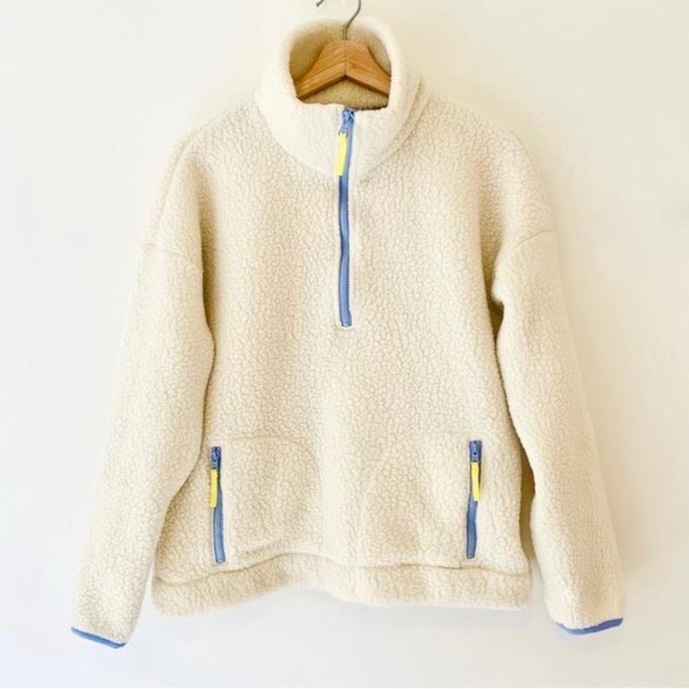 J. Crew Women’s Cream Teddy Fleece Pullover Jacket with Zipper Pockets Sz Medium